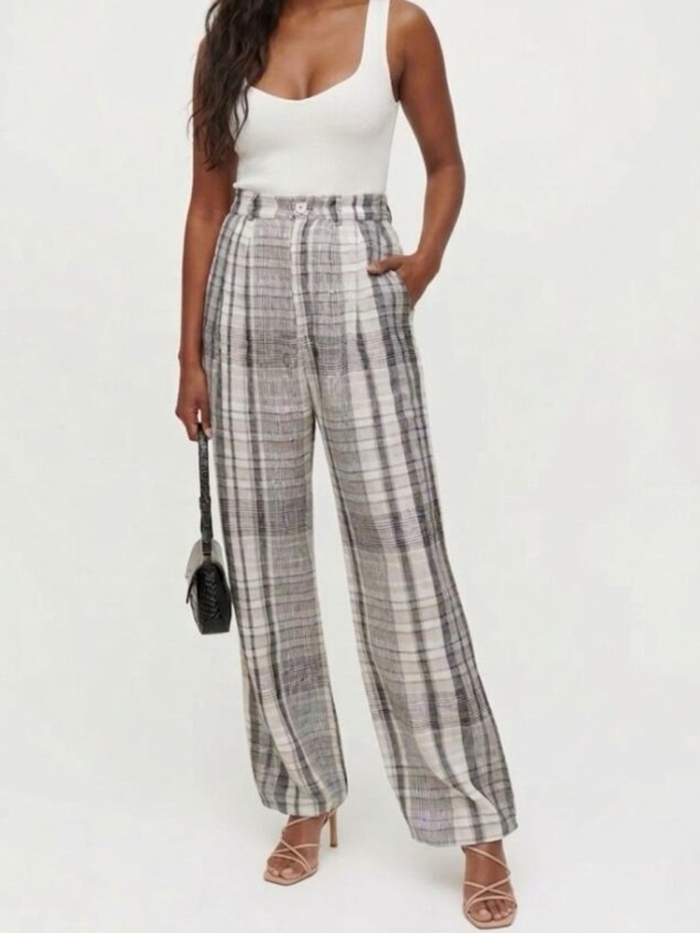 Reformation Vesta Linen High Rise Pant size 0 in Grey Plaid